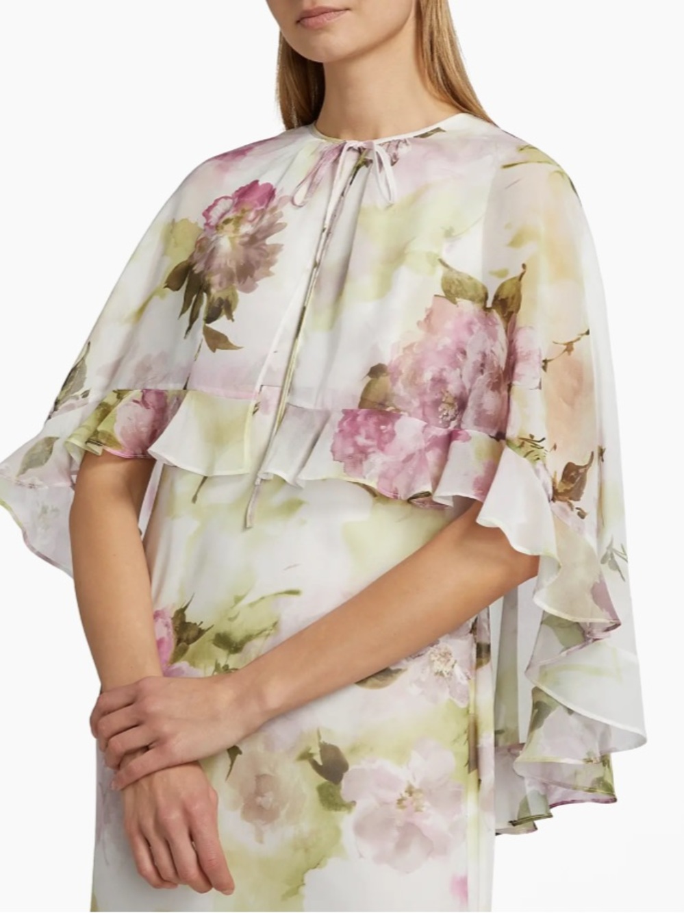 Teri Jon by Rickie Freeman Floral Chiffon Ruffle Capelet Gown Cream Green Pink - Picture 2 of 14